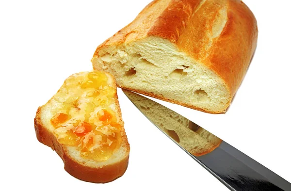 Dilim ekmek ve reçel ve bıçak — Stok fotoğraf