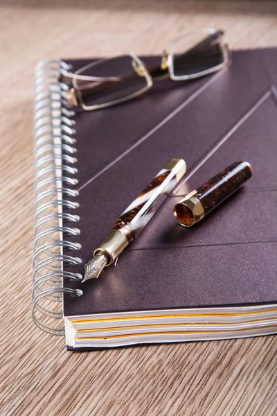 万年筆や革カバー付けの日記 — ストック写真