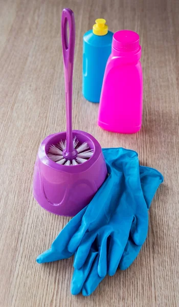 Still life with a toilet brush and latex gloves — Stock Photo, Image