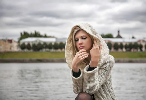 Thoughtful Girl Knitted Dress Background Water — Stock Photo, Image