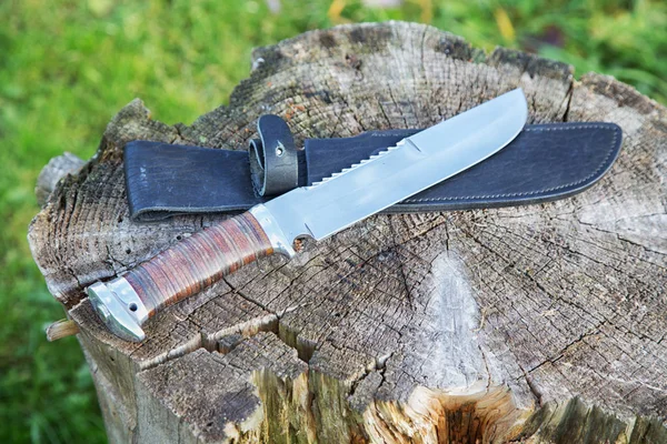 The hunting knife with a cover lies on the old stump — Stock Photo, Image