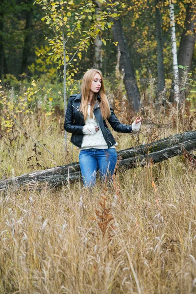 Chica Una Chaqueta Cuero Entre Una Hierba Amarilla — Foto de Stock