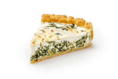 Tek bir dilim beyaz izole ıspanak ve beyaz peynir kek, yakın çekim