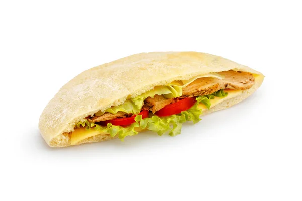 Healthy snack. Pita bread with chicken, cheese and salad isolated on white — Stock Photo, Image
