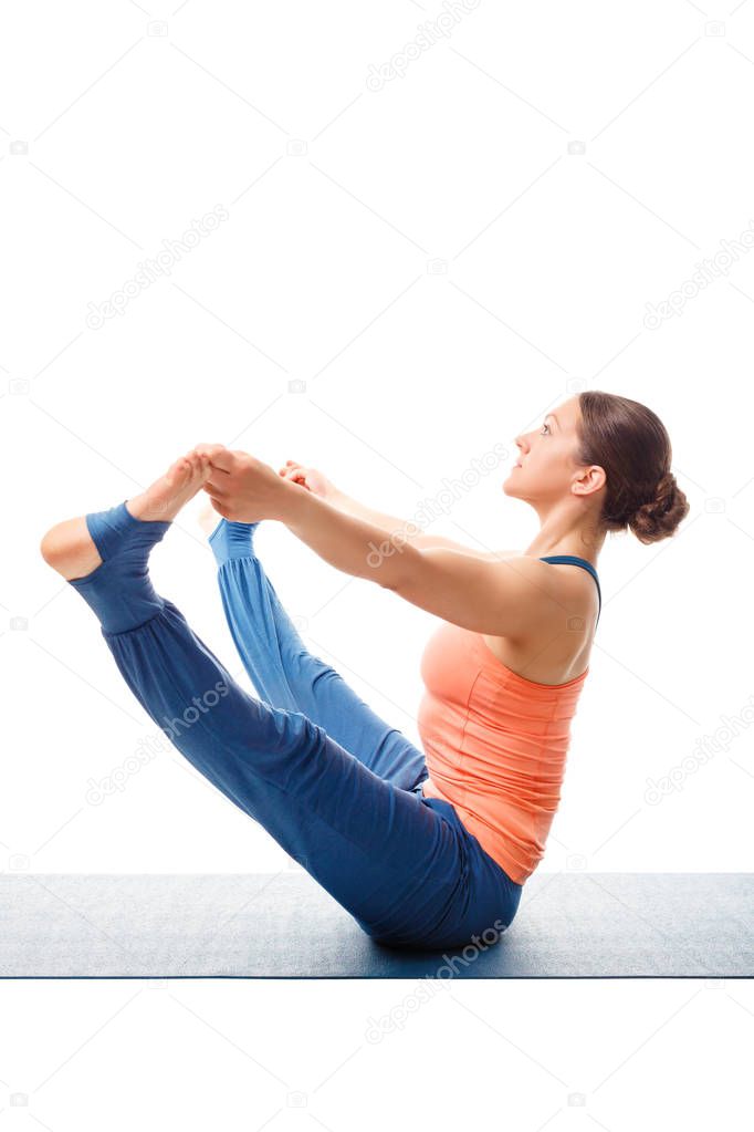Woman doing Ashtanga Vinyasa yoga asana Upavistha konasana