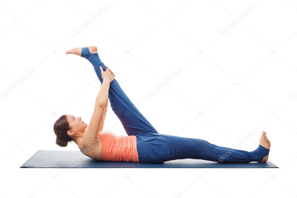 Woman doing Yoga asana Supta padangusthasana isolated