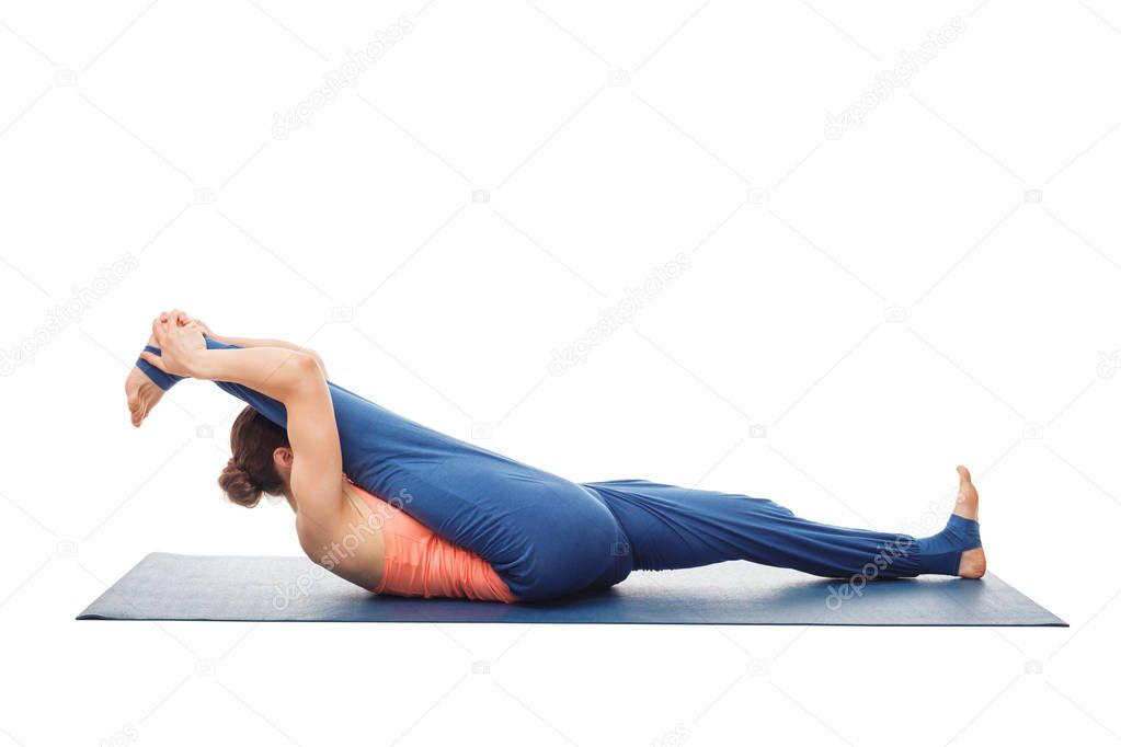 Woman doing Yoga asana Supta padangusthasana isolated