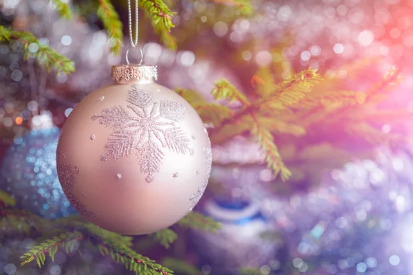 Vánoční dekorace cetka na zdobené vánoční strom bac — Stock fotografie