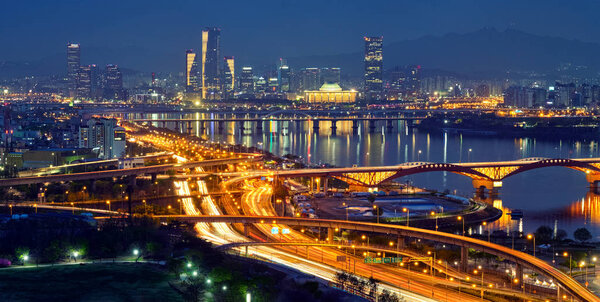 Seoul cityscape in twilight, South Korea.