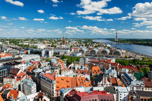 Aerial view of Riga center from St. Peters Church, Riga, Latvia