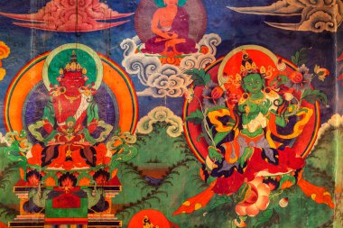 Tsemo Gompa 'daki Buda' nın duvar resimleri. Leh, Ladakh, Hindistan