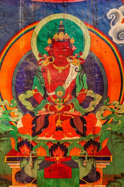 Wall paintings of Buddha in Tsemo gompa. Leh, Ladakh, India — Stock Photo, Image