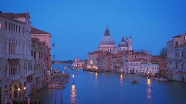 Vista del Gran Canal de Venecia y la iglesia de Santa Maria della Salute por la noche — Vídeo de stock