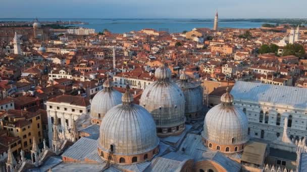 Flygvy över Venedig med St Marks Basilica och Doges Palace. Venedig, Italien — Stockvideo