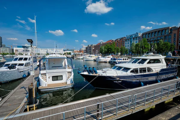 Jachty i łodzie zacumowane w Willemdock w Antwerpii, Belgia — Zdjęcie stockowe