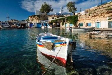 Fishing boars in harbour in fishing village of Mandrakia, Milos island, Greece