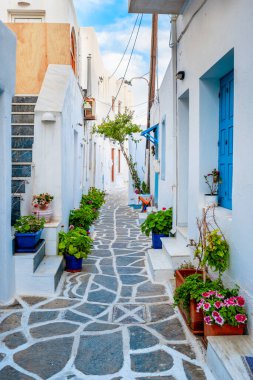 Yunanistan 'ın Paros Adası' ndaki Naousa şehir caddesi