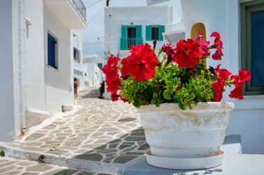 Yunanistan 'ın Paros Adası' ndaki Naousa şehir caddesi