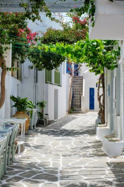 Yunanistan 'ın Paros Adası' ndaki Naousa şehir caddesi