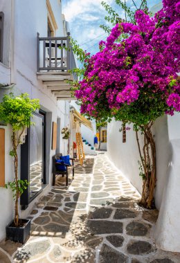 Yunanistan 'ın Paros Adası' ndaki Naousa şehir caddesi