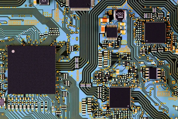 Placa Circuito Electrónico Con Componentes Electrónicos Como Chips Cerca Concepto —  Fotos de Stock