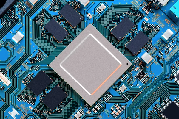 Placa Circuito Eletrônico Com Componentes Eletrônicos Como Chips Perto Conceito — Fotografia de Stock
