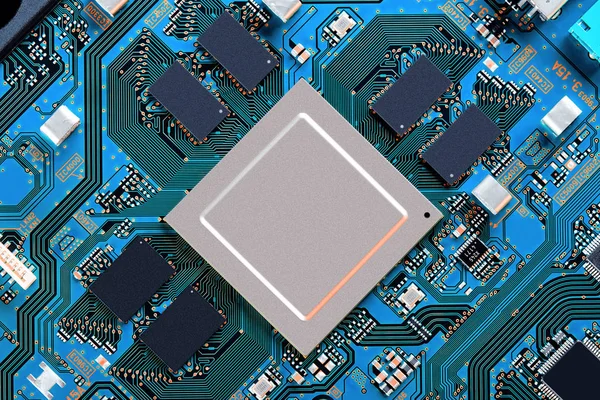 Electronic circuit board with electronic components such as chips close up. The concept of the electronic computer hardware technology.