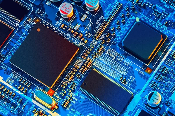 Placa Circuito Electrónico Con Componentes Electrónicos Como Chips Primer Plano — Foto de Stock