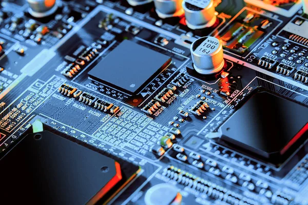 Placa Circuito Electrónico Con Componentes Electrónicos Como Chips Primer Plano — Foto de Stock