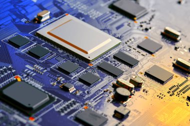 Çipler gibi elektronik bileşenleri olan elektronik devre kartı kapanıyor. 