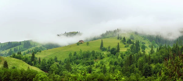 Klein huisje op een groene berghelling — Stockfoto