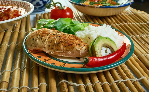 Smoky Barbecue  Chicken Cutlets and Pineapple Rice.  close up