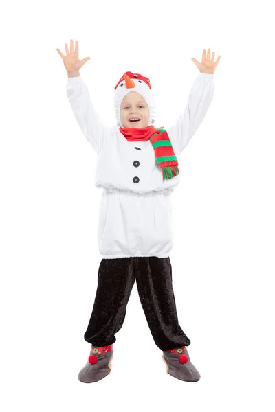 Malý úsměv chlapec v sněhuláka kostým — Stock fotografie