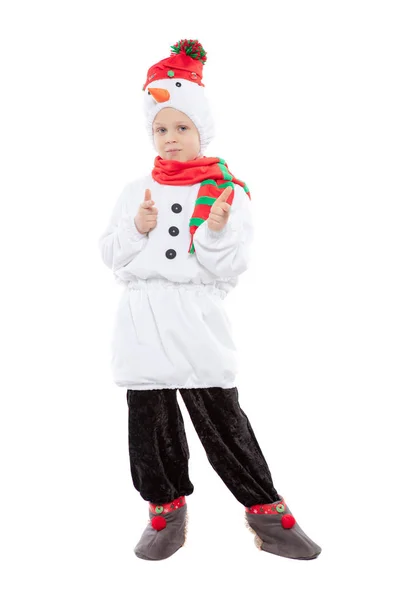 Menino bonito em um traje de boneco de neve — Fotografia de Stock