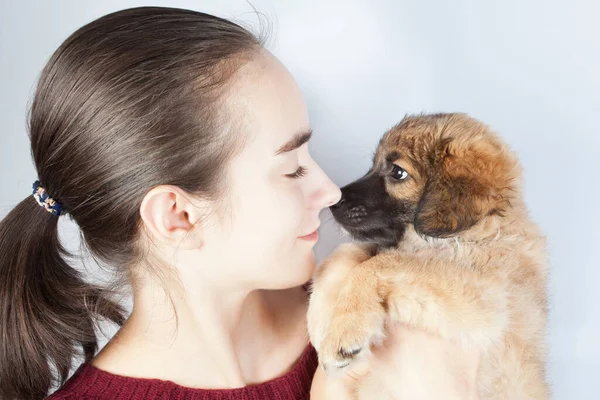 Propriétaire Attentionné Avec Chiot Dans Les Bras — Photo