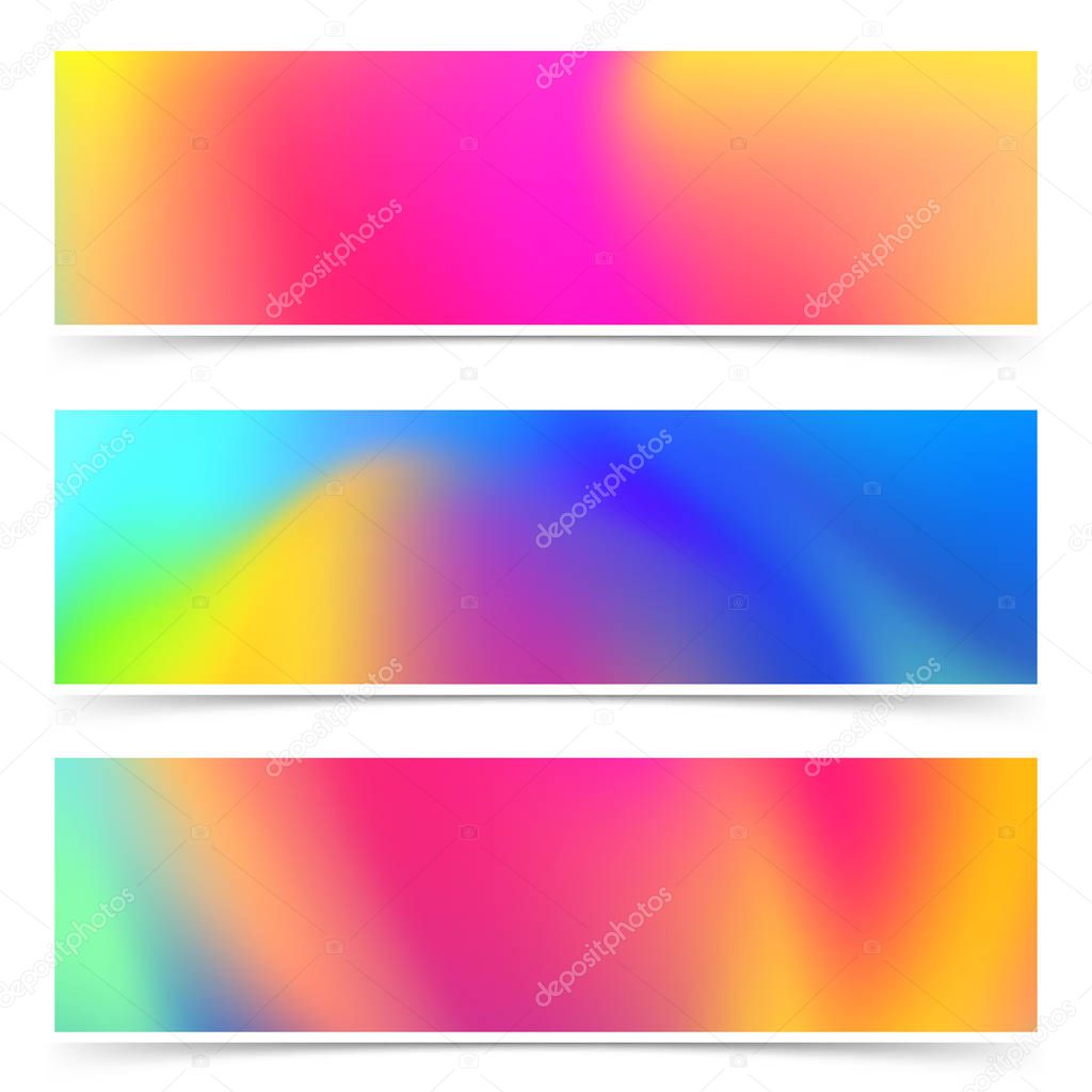 Abstract bright holi colorful cards collection. Vivid rainbow vibrant color header set. Festive flyer. Print design. Vector illustration