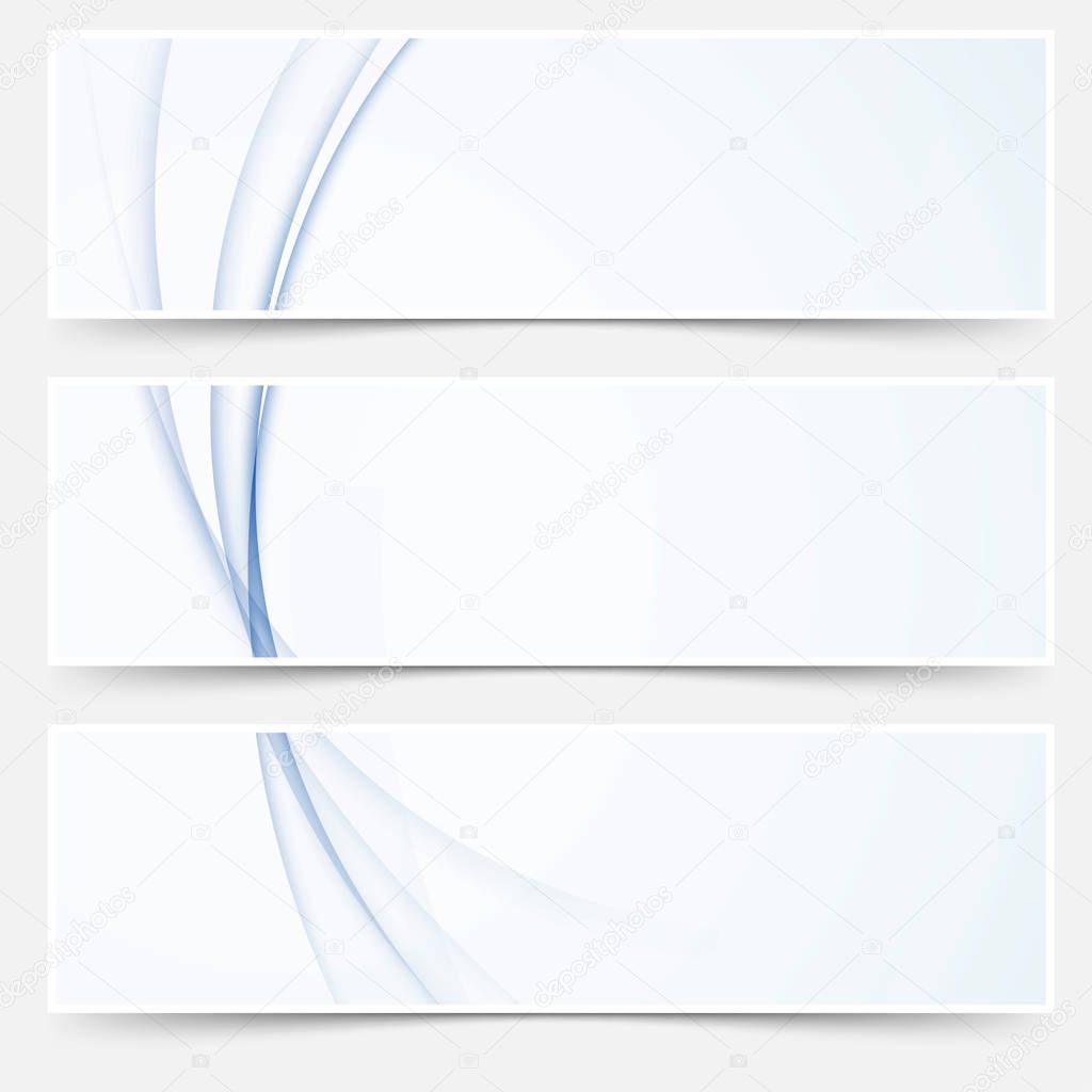 Blue abstract swoosh wave line web headers collection. Halftone graphic shadow cards set. Vector illustration