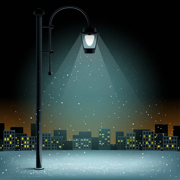 Pilar luz y nieve cae noche ciudad — Vector de stock