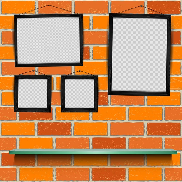 Shelf photo frames brick background — Stock Vector