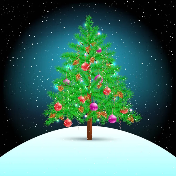 Árbol de Navidad en colina de nieve — Vector de stock