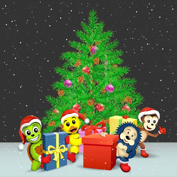 Tiere mit Geschenken und Weihnachtsbaum — Stockvektor