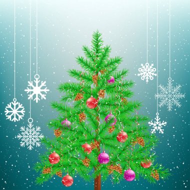 Christmas tree and big hang snowflakes clipart