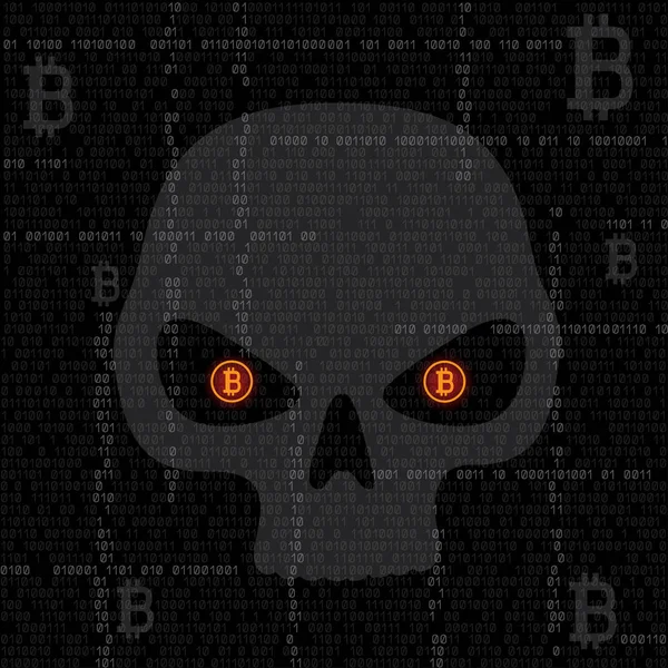 Código bitcoin hackeado cráneo — Vector de stock