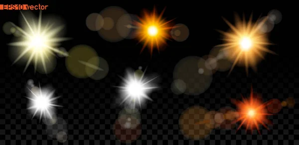 Gran conjunto de lente de luz solar en la oscuridad — Vector de stock