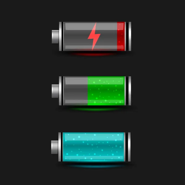 Battery charge icon set black background — Stock Vector