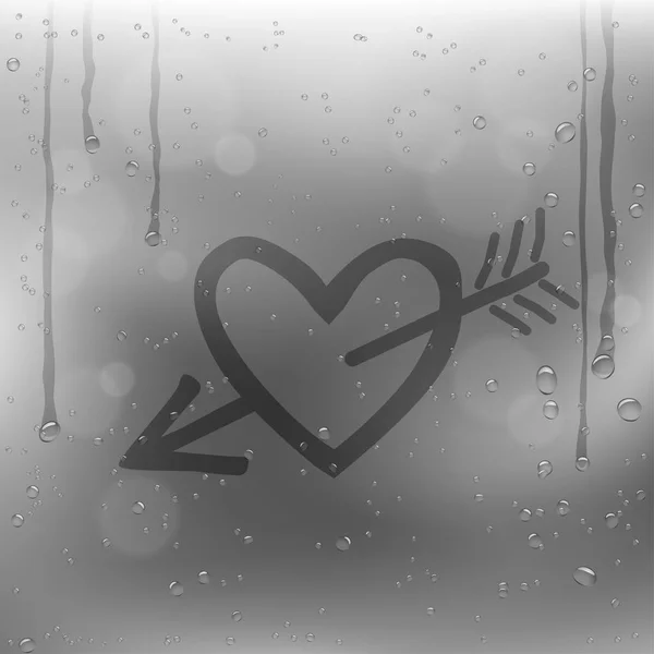 Cupido cuore freccia disegnare sulla finestra piovosa — Vettoriale Stock