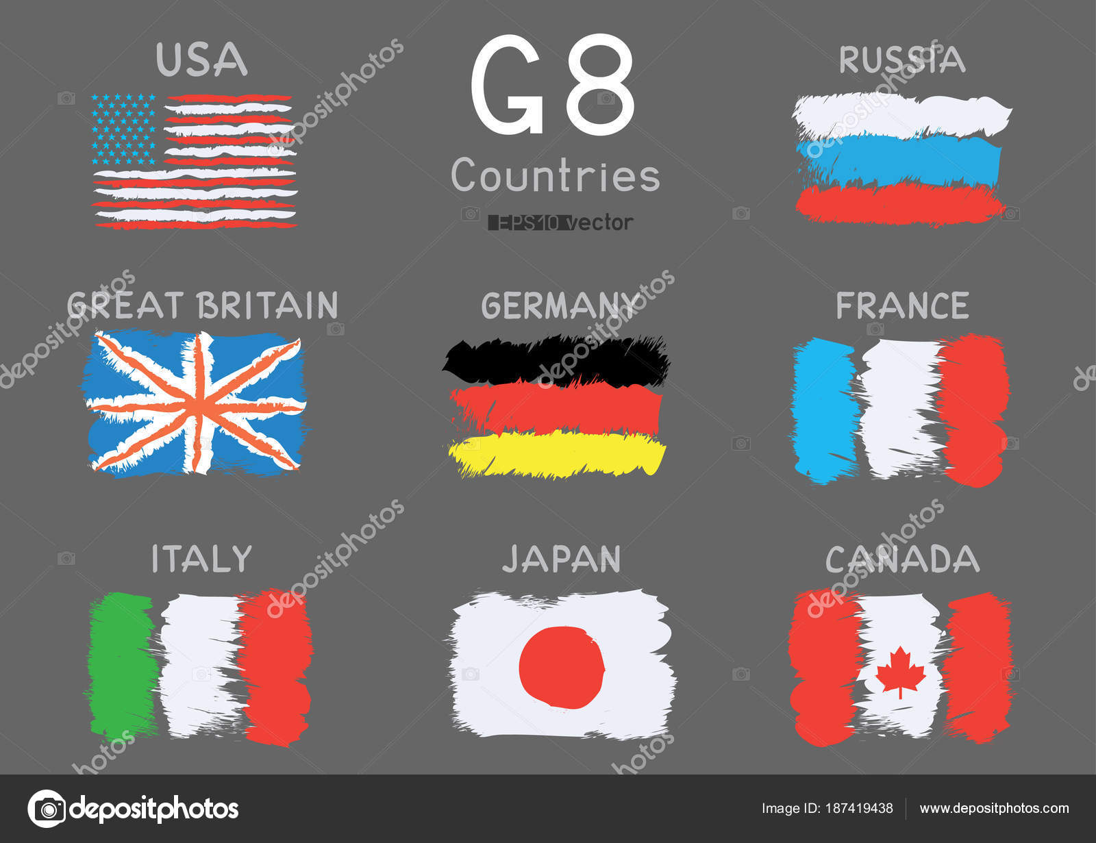 G8 Conjunto de iconos de bandera nacional de dibujo a mano vector, gráfico  vectorial © romvo79 imagen #187419438
