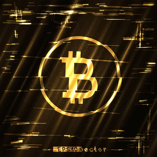 Glitch Bitcoin signe d'or brillante lumière — Image vectorielle