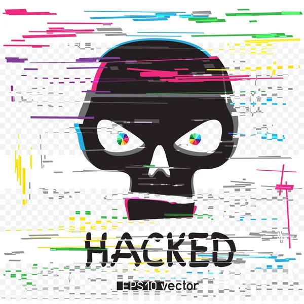 Glitch hacker cráneo negro con texto — Vector de stock