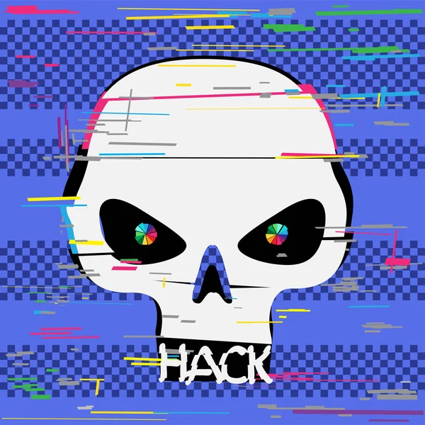 Crâne de pirate glitch avec des dents texte hack — Image vectorielle